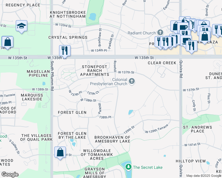 map of restaurants, bars, coffee shops, grocery stores, and more near 12803 137th Court in Overland Park