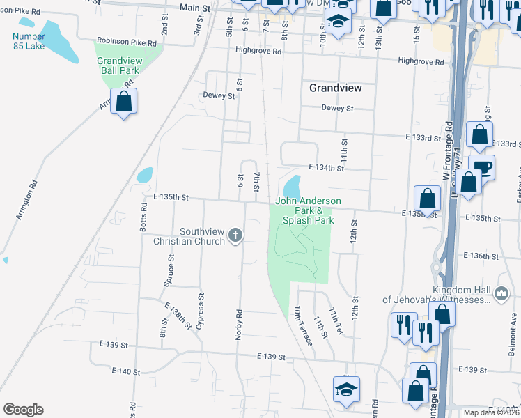 map of restaurants, bars, coffee shops, grocery stores, and more near 4633 East 135th Street in Grandview