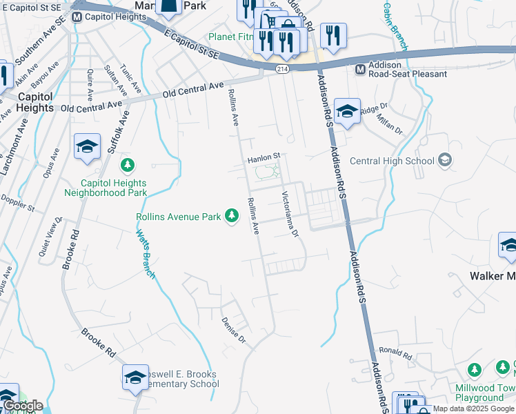 map of restaurants, bars, coffee shops, grocery stores, and more near 706 Rollins Avenue in Capitol Heights