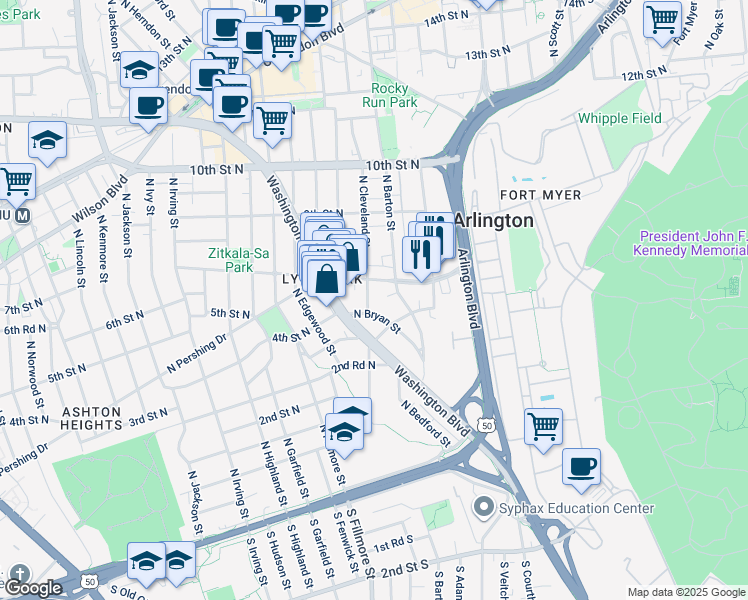 map of restaurants, bars, coffee shops, grocery stores, and more near 411 North Cleveland Street in Arlington