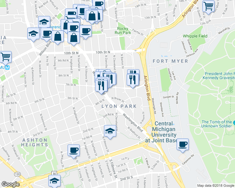 map of restaurants, bars, coffee shops, grocery stores, and more near 411 North Cleveland Street in Arlington