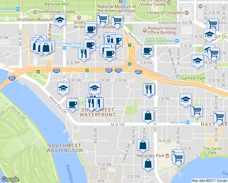 map of restaurants, bars, coffee shops, grocery stores, and more near 814 3rd Street Southwest in Washington