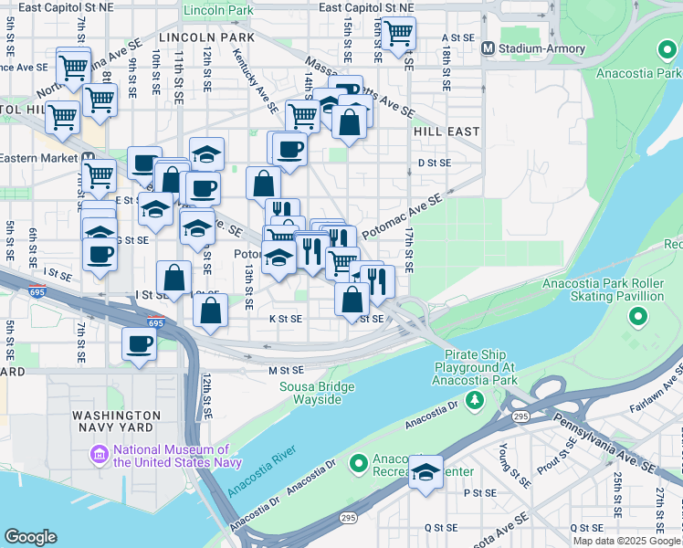 map of restaurants, bars, coffee shops, grocery stores, and more near 101 Independence Avenue Southeast in Washington