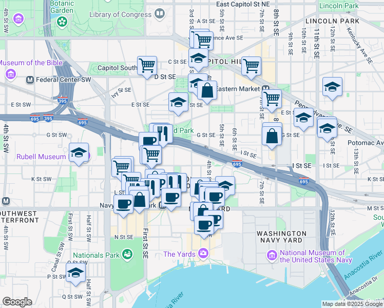 map of restaurants, bars, coffee shops, grocery stores, and more near 814 3rd Street Southeast in Washington