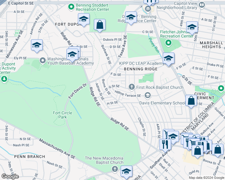 map of restaurants, bars, coffee shops, grocery stores, and more near 713 Hilltop Terrace Southeast in Washington