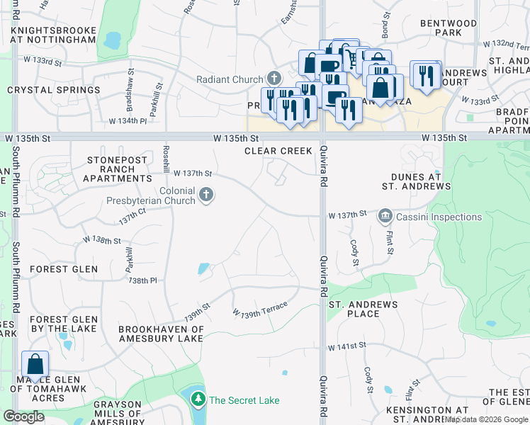 map of restaurants, bars, coffee shops, grocery stores, and more near 12685 W 135th St in Overland Park