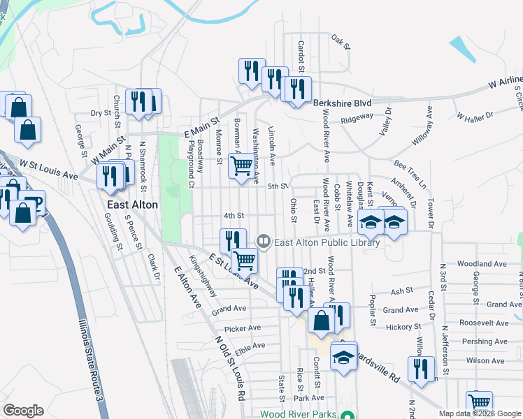 map of restaurants, bars, coffee shops, grocery stores, and more near 402 Washington Avenue in East Alton