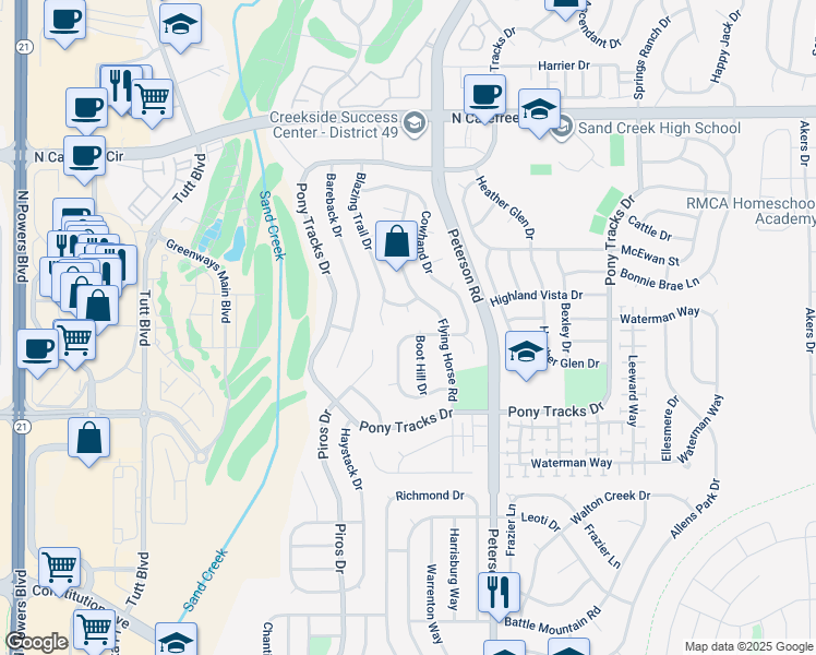 map of restaurants, bars, coffee shops, grocery stores, and more near 6730 Quarter Circle Road in Colorado Springs