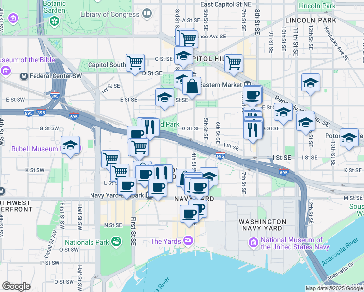 map of restaurants, bars, coffee shops, grocery stores, and more near 329 Virginia Avenue Southeast in Washington