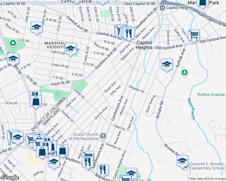 map of restaurants, bars, coffee shops, grocery stores, and more near 621 Elfin Avenue in Capitol Heights