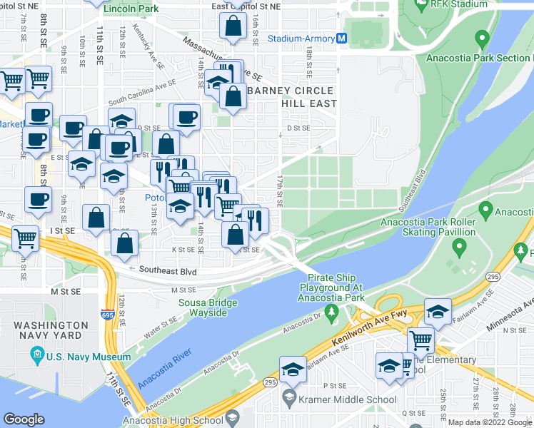 map of restaurants, bars, coffee shops, grocery stores, and more near 1609 H Street Southeast in Washington