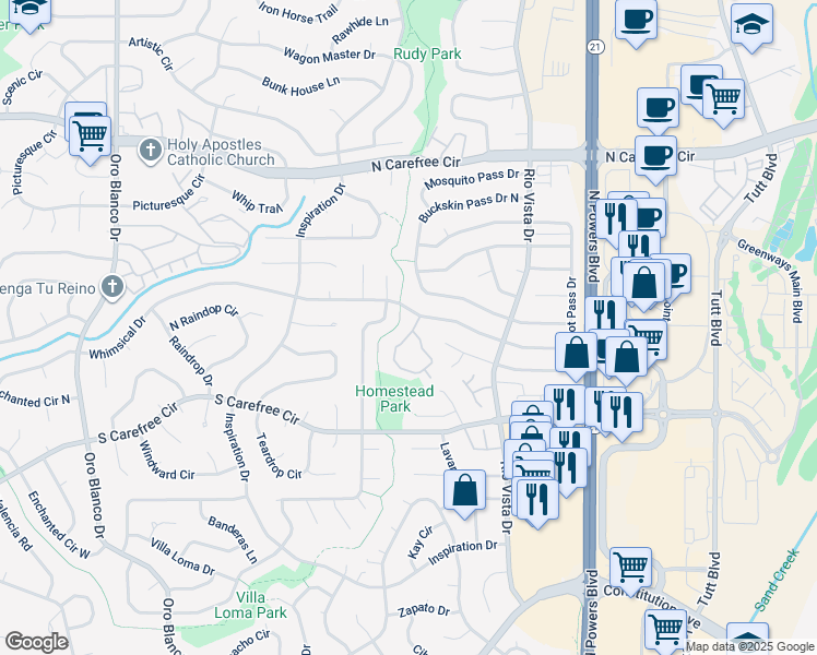 map of restaurants, bars, coffee shops, grocery stores, and more near 3112 Vail Pass Drive in Colorado Springs