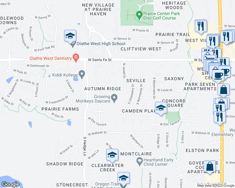 map of restaurants, bars, coffee shops, grocery stores, and more near 1829 West Cedar Street in Olathe