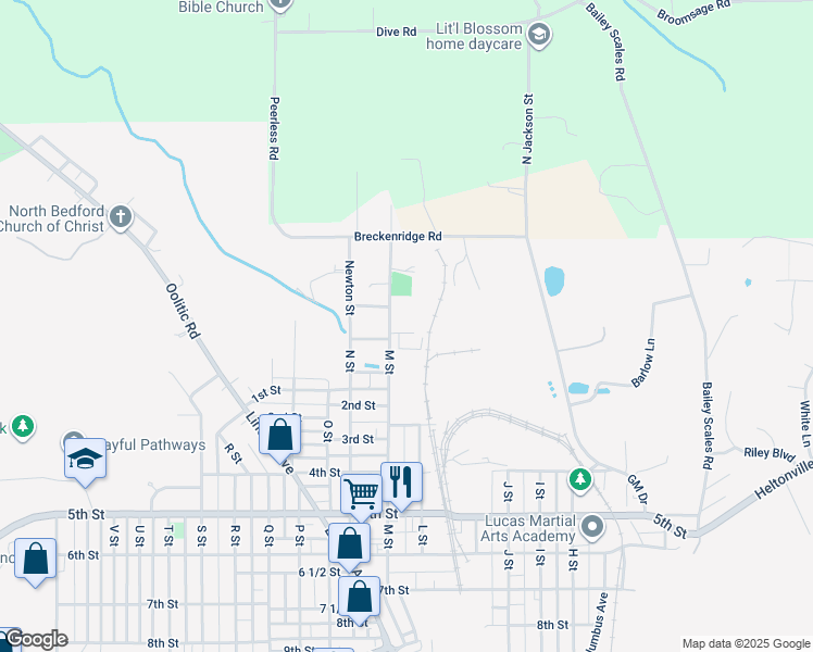 map of restaurants, bars, coffee shops, grocery stores, and more near 34 M Street in Bedford