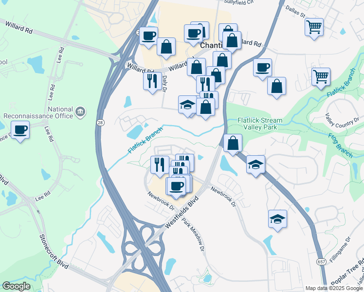 map of restaurants, bars, coffee shops, grocery stores, and more near 14411 Beckett Glen Circle in Chantilly