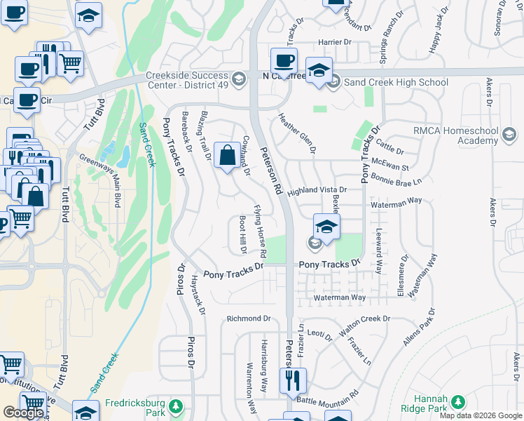 map of restaurants, bars, coffee shops, grocery stores, and more near 3225 Flying Horse Road in Colorado Springs