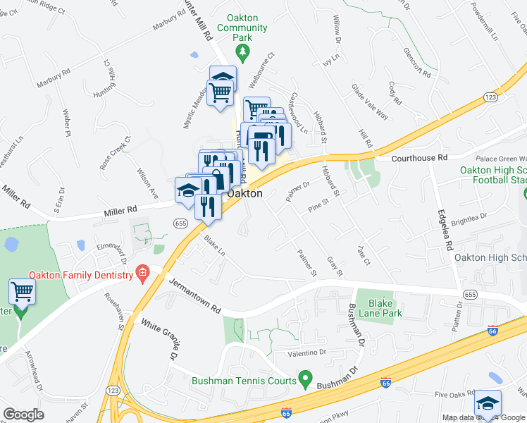 map of restaurants, bars, coffee shops, grocery stores, and more near 2944 Palmer Street in Oakton