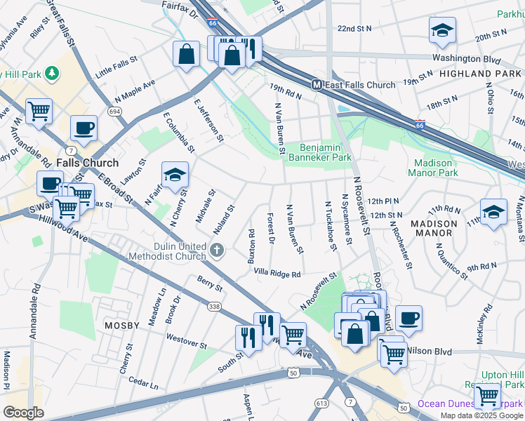 map of restaurants, bars, coffee shops, grocery stores, and more near 304 Buxton Road in Falls Church
