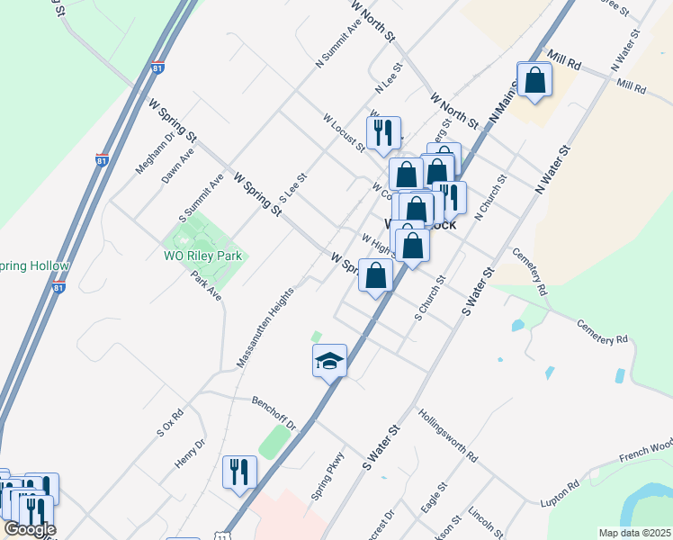 map of restaurants, bars, coffee shops, grocery stores, and more near 309 South Commerce Street in Woodstock
