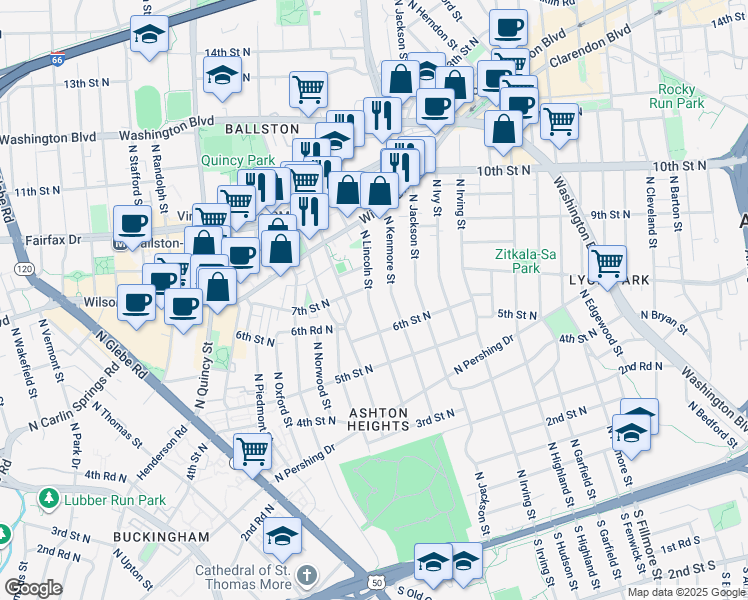 map of restaurants, bars, coffee shops, grocery stores, and more near 629 North Lincoln Street in Arlington