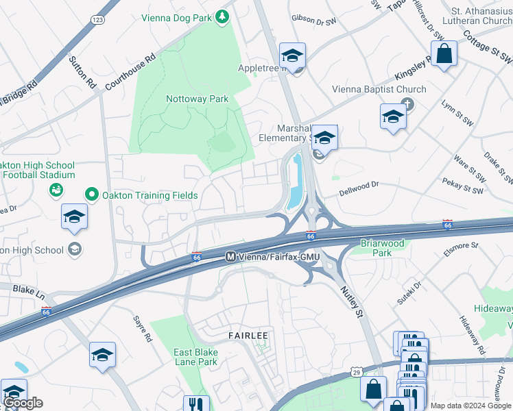 map of restaurants, bars, coffee shops, grocery stores, and more near 9486 Virginia Center Boulevard in Vienna