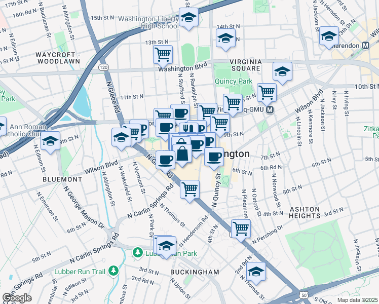 map of restaurants, bars, coffee shops, grocery stores, and more near 4121 Wilson Boulevard in Arlington