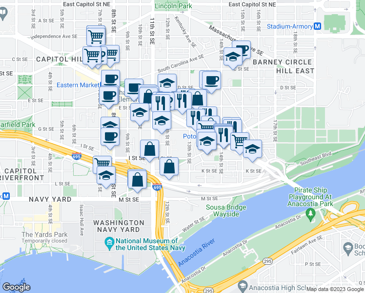 map of restaurants, bars, coffee shops, grocery stores, and more near 717 13th Street Southeast in Washington