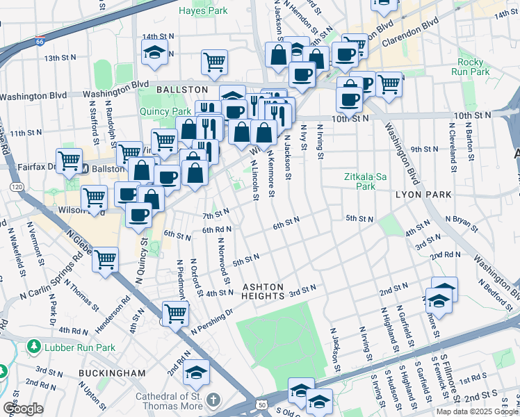 map of restaurants, bars, coffee shops, grocery stores, and more near 629 North Lincoln Street in Arlington