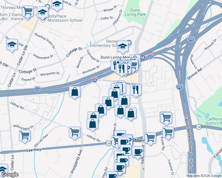 map of restaurants, bars, coffee shops, grocery stores, and more near 2675 Halstead II Lane in Fairfax
