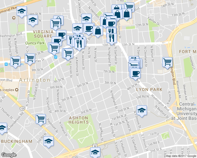 map of restaurants, bars, coffee shops, grocery stores, and more near N Irving St & 6th St N in Arlington