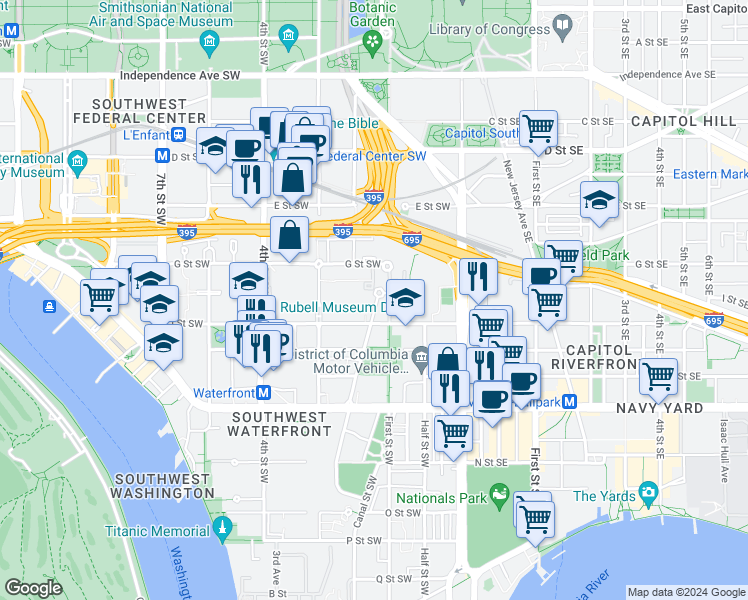 map of restaurants, bars, coffee shops, grocery stores, and more near 821 Delaware Avenue Southwest in Washington