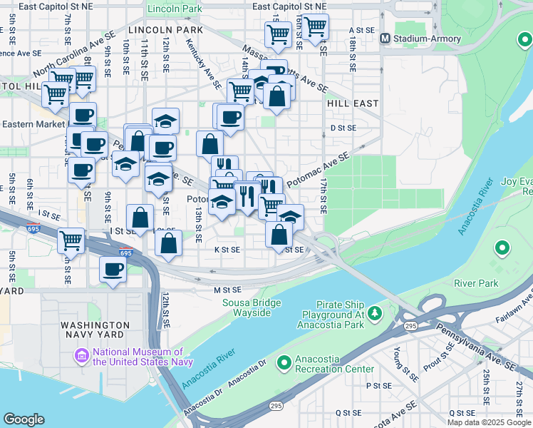 map of restaurants, bars, coffee shops, grocery stores, and more near 101 Independence Avenue Southeast in Washington