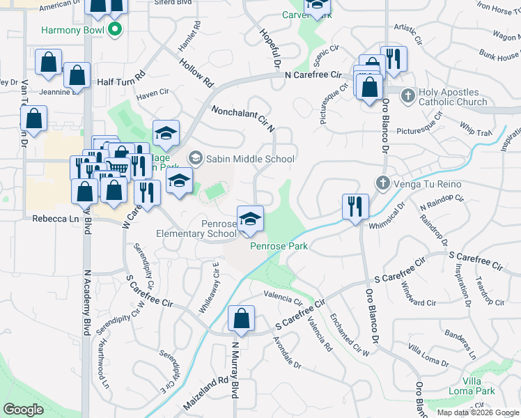 map of restaurants, bars, coffee shops, grocery stores, and more near 3375 Nonchalant Circle South in Colorado Springs