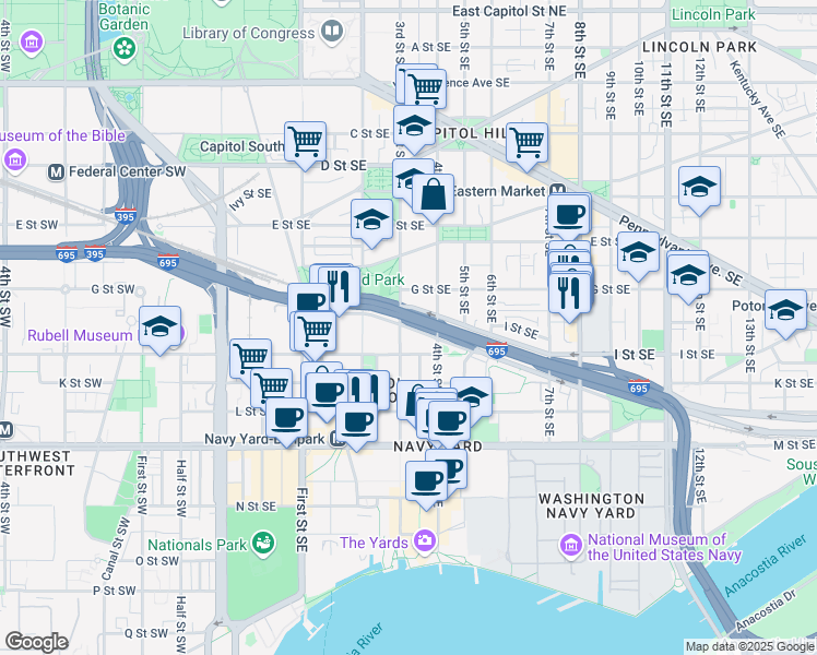 map of restaurants, bars, coffee shops, grocery stores, and more near 321 Virginia Avenue Southeast in Washington