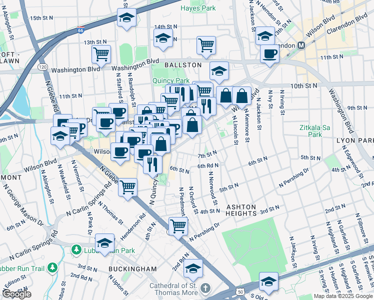 map of restaurants, bars, coffee shops, grocery stores, and more near 3825 7th Street North in Arlington