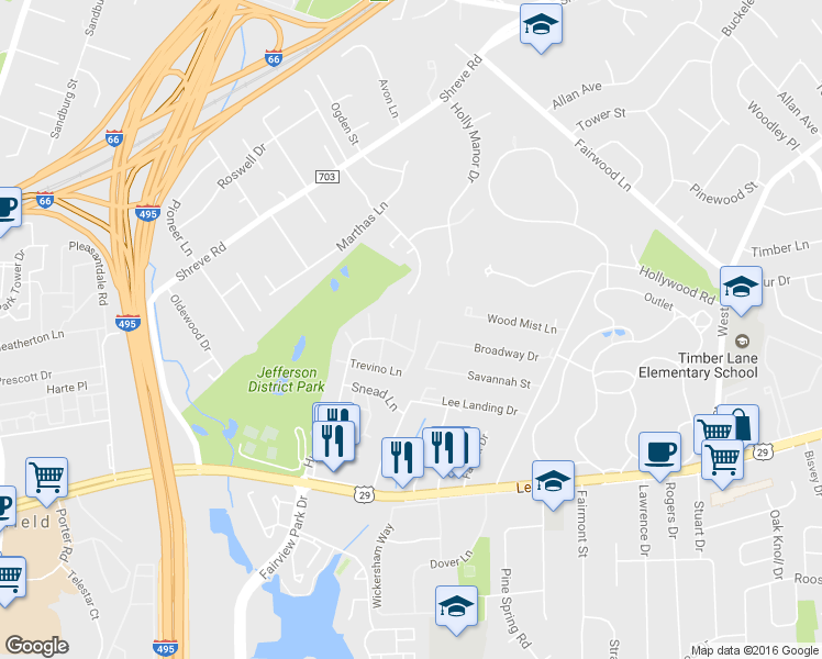 map of restaurants, bars, coffee shops, grocery stores, and more near 7712 Trevino Ln in Falls Church