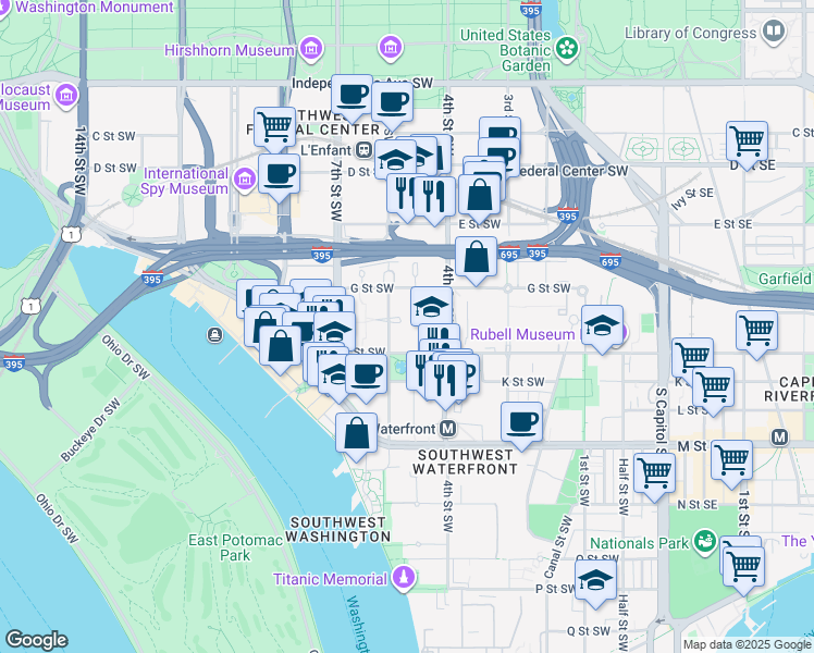 map of restaurants, bars, coffee shops, grocery stores, and more near 744 6th Street Southwest in Washington