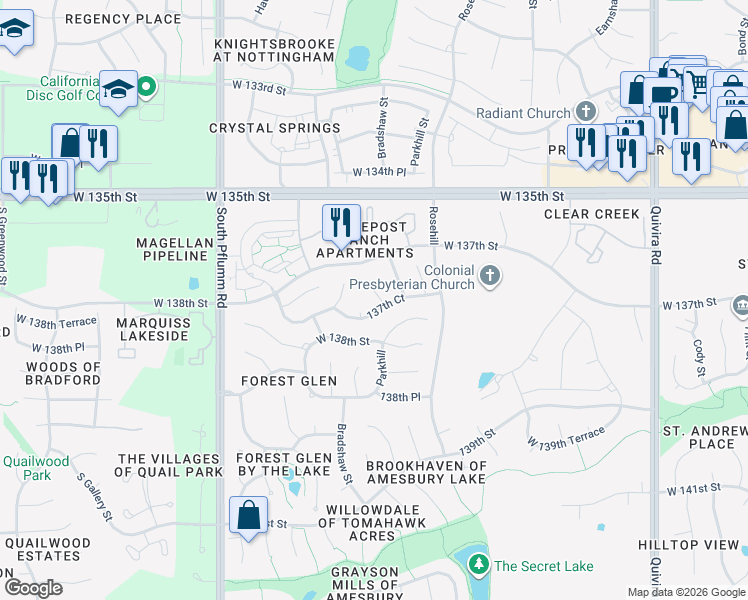 map of restaurants, bars, coffee shops, grocery stores, and more near 13728 Gillette Street in Overland Park