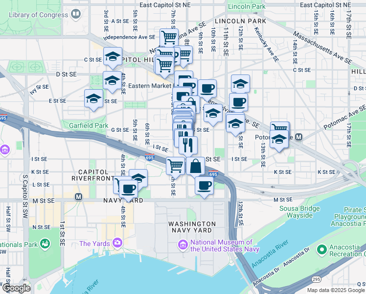 map of restaurants, bars, coffee shops, grocery stores, and more near 101 Independence Avenue Southeast in Washington