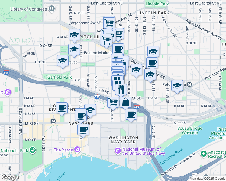 map of restaurants, bars, coffee shops, grocery stores, and more near 101 Independence Avenue Southeast in Washington