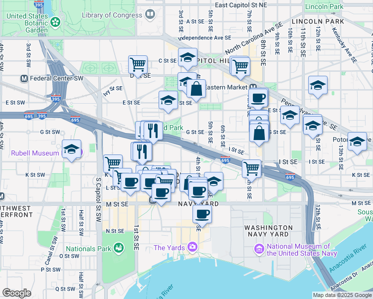 map of restaurants, bars, coffee shops, grocery stores, and more near 101 Independence Avenue Southeast in Washington