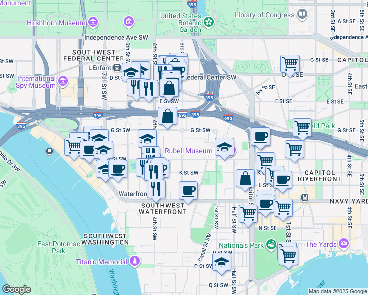 map of restaurants, bars, coffee shops, grocery stores, and more near 101 Independence Avenue Southeast in Washington