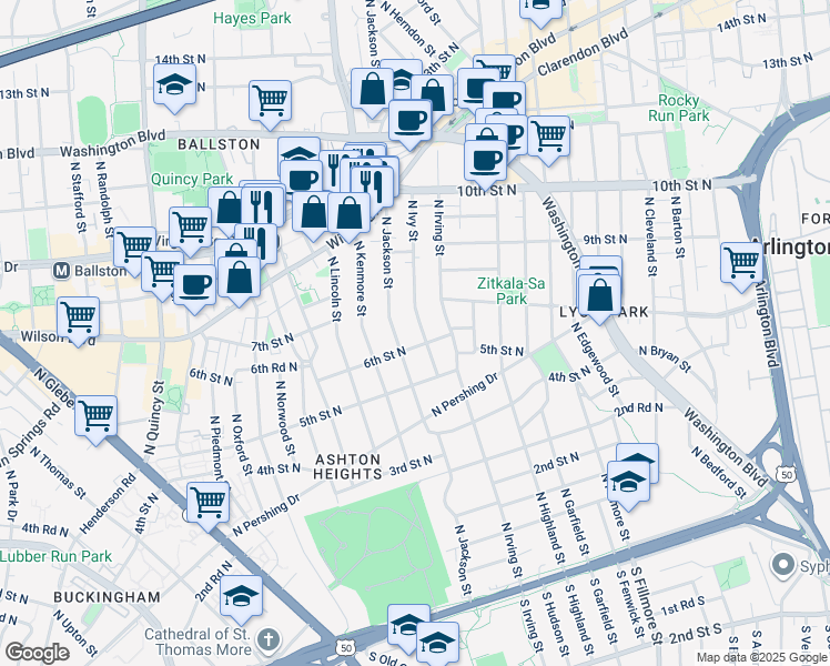map of restaurants, bars, coffee shops, grocery stores, and more near 604 North Ivy Street in Arlington