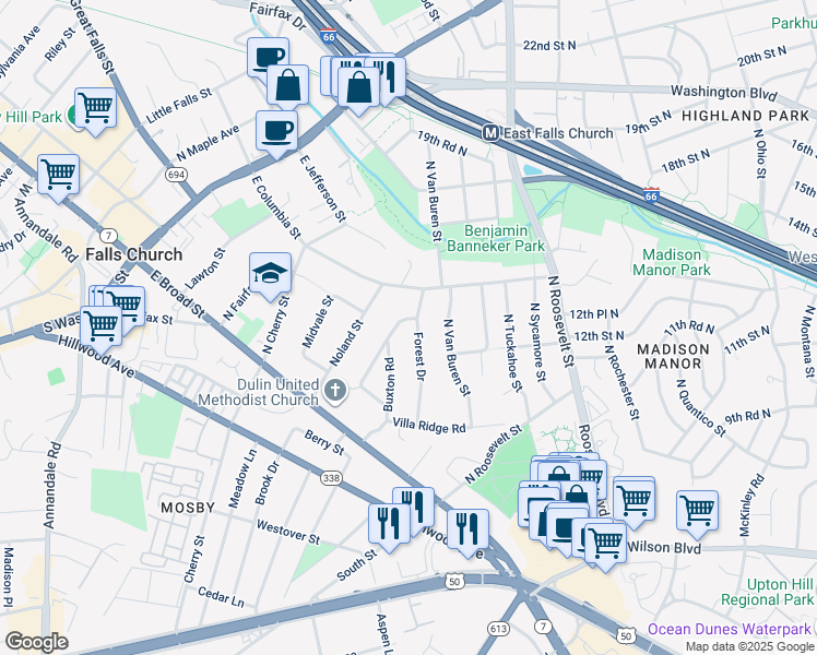 map of restaurants, bars, coffee shops, grocery stores, and more near 304 Buxton Road in Falls Church