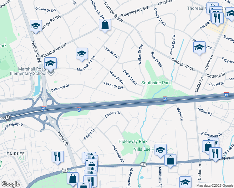 map of restaurants, bars, coffee shops, grocery stores, and more near 9020 Dellwood Drive in Vienna