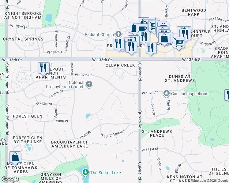 map of restaurants, bars, coffee shops, grocery stores, and more near 12685 W 135th St in Overland Park