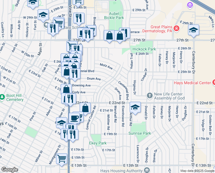 map of restaurants, bars, coffee shops, grocery stores, and more near 2302 General Custer Road in Hays