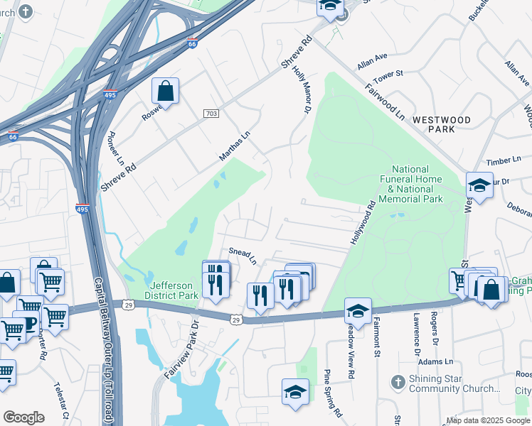 map of restaurants, bars, coffee shops, grocery stores, and more near 7712 Trevino Ln in Falls Church