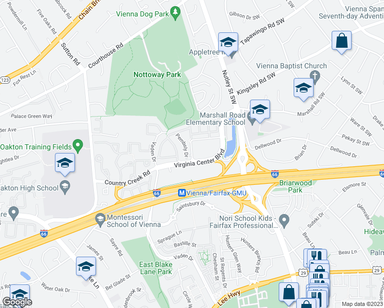 map of restaurants, bars, coffee shops, grocery stores, and more near 2788 Centerboro Drive in Vienna