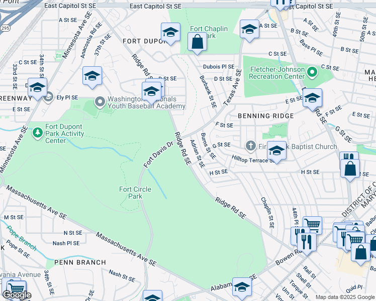 map of restaurants, bars, coffee shops, grocery stores, and more near 620 Ridge Road Southeast in Washington